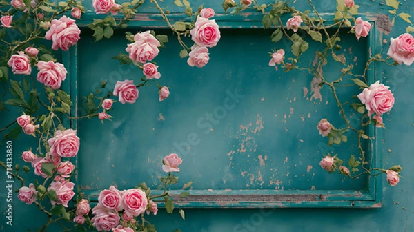 Obraz Background with pink roses around an old frame and green old wall. Vintage, romantic concept.