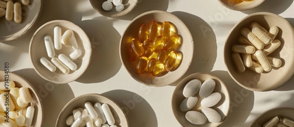 Fototapeta Assorted supplements in ceramic dishes, a modern tableau of health and wellness