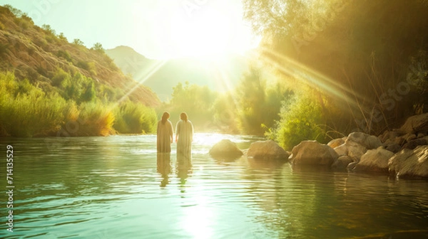 Obraz The biblical scene from the Gospels where John the Baptist baptizes Jesus in the Jordan River.