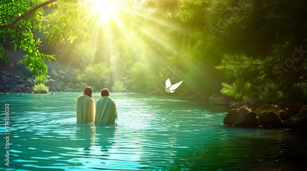 Fototapeta The biblical scene from the Gospels where John the Baptist baptizes Jesus in the Jordan River.