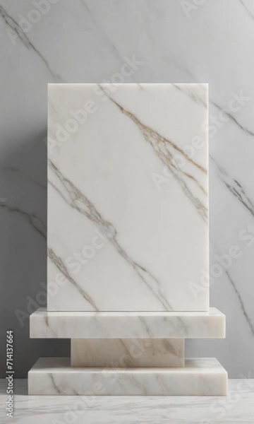 Fototapeta Light marble stand with slab. Product stand and podium for display.