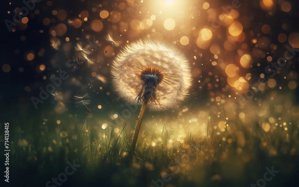 Fototapeta Close up of dandelion flowers floating in the air blurry forest background