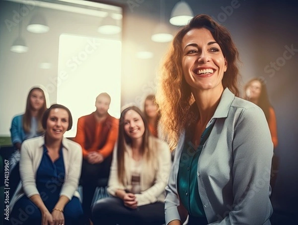 Fototapeta Happy and Confident Trainer After Workshop,Energized Trainer After Employee Training