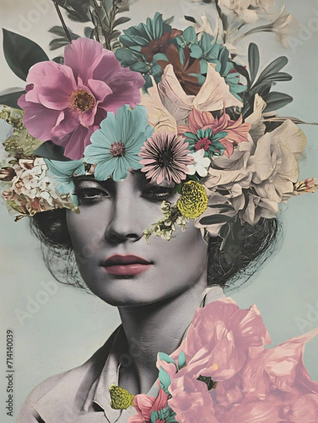 Obraz Beautiful brunette woman in an abstract colorful floral arrangement, in the style of collage elements.