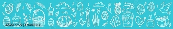 Fototapeta Horizontal illustration of a collection of Easter elements, hand-made in the style of doodles