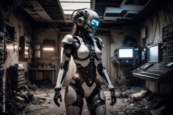 Obraz cyborg robot  in a abandoned room  created with generative AI software.