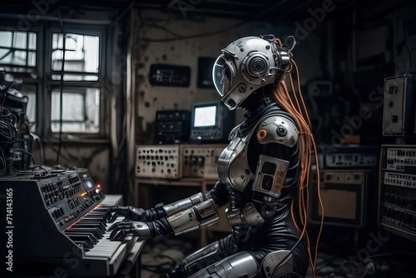 Obraz cyborg robot  in a abandoned room  created with generative AI software.