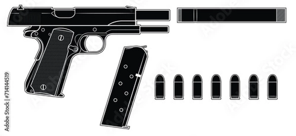 Obraz Vector illustration of the Colt 1911 automatic pistol with a breech in the rear position and equipment such as a silencer, magazine and cartridges on a white background. Black. Right side.
