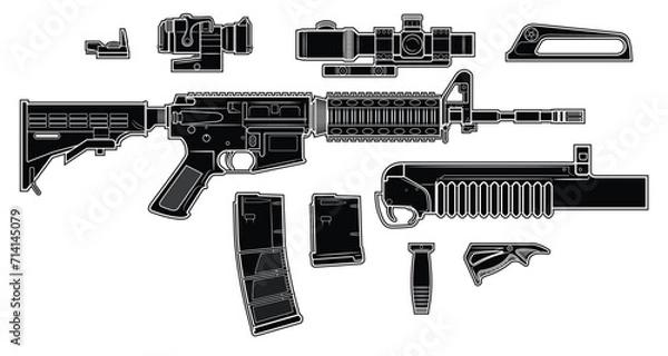 Obraz Vector drawing of an popular M4 assault rifle with adjustable stock and equipment such as a magazines, optical sights, collimator, granade launcher and handgrips on a white background. Black.