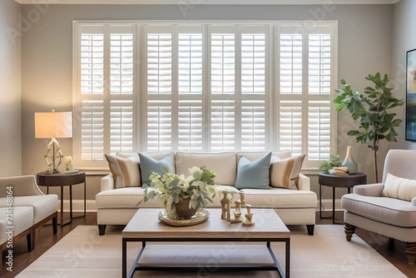 Fototapeta Plantation shutters, classic and versatile window treatments, feature adjustable louvers mounted on a solid frame, providing an elegant and functional solution that allows for precise control of light