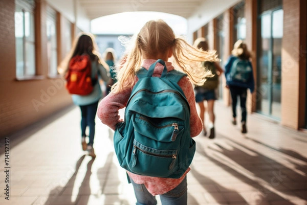 Fototapeta Girl primary school student with backpack facing back running to class. Generative ai