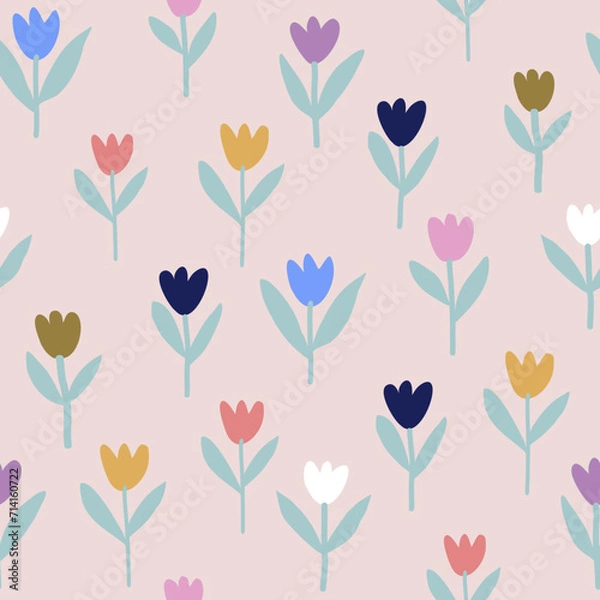 Obraz Seamless spring flowers pattern. Floral texture on pink background. Can be used for wallpapers, wrappers, cards, patterns for clothes and other. Seamless tulip pattern 