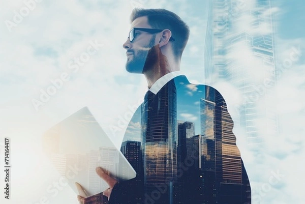 Obraz Double Exposure of Businessman and Cityscape