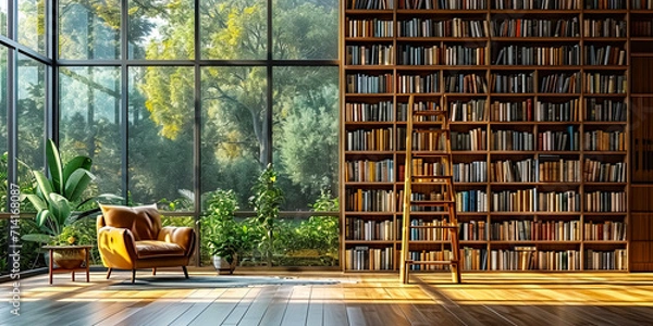 Fototapeta Home library with bookshelves on the wall, panoramic windows