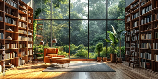 Fototapeta Home library with bookshelves on the wall, panoramic windows