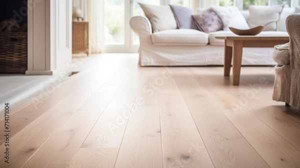 Fototapeta Close-up of a light oak engineered hardwood floor in a Scandinavian-style living room, with a clean and natural finish