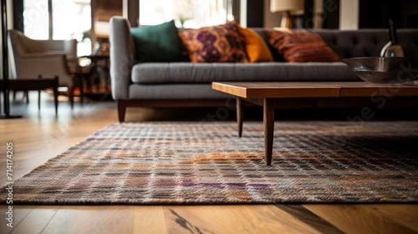 Fototapeta Close-up of a patterned, hand-loomed rug on a polished hardwood floor in an eclectic living room