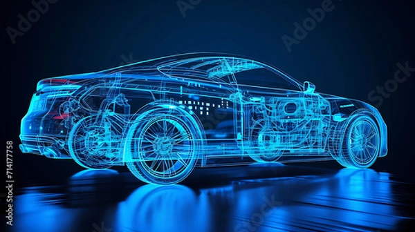 Fototapeta Sedan car transparent Blue wire frame blueprints isolated on a black background. Front view of a sports car blue wireframe with transparent engine. 