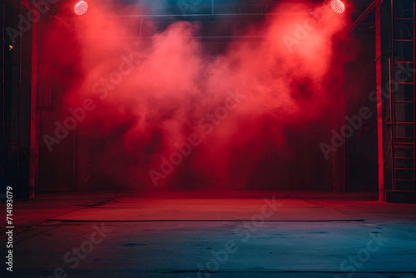 Fototapeta Dark red background with neon light and spotlights with smoke