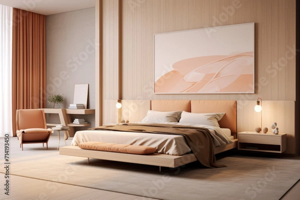 Fototapeta Modern minimal bedroom interior design with colorful bed and decoration