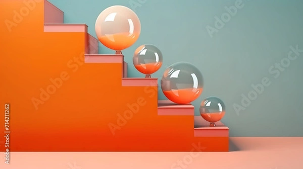 Fototapeta Transparent and glass soft balloons on staircase with minimal orange background design