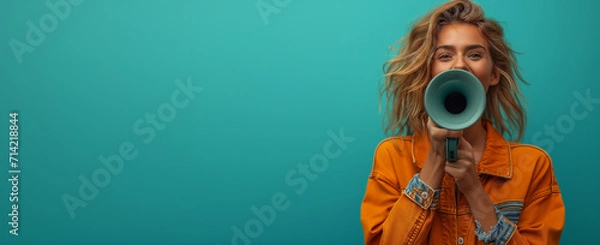 Fototapeta A woman in an orange shirt on a blue background shouts joyfully into a megaphone. Place for text