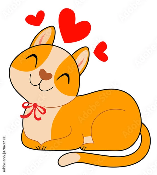 Obraz Smiling red cat with three hearts. Valentine's Day Sticker