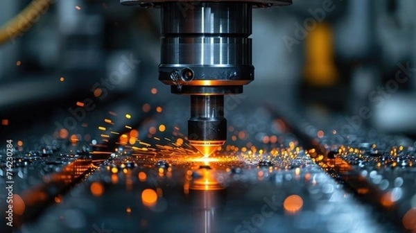 Fototapeta Close-Up View of a Metal Drill Bit on a CNC Machine Cutting Through Material with Metal Shavings Visible