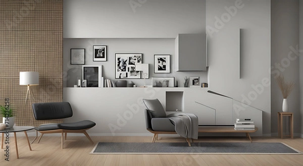 Fototapeta Scandinavian home interior design of modern living room with sofa, pillows coffee table. Generative ai