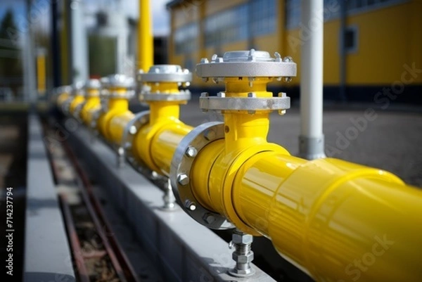 Fototapeta Close up steel pipes natural gas concrete supports supplying propane factory tanks valves. Production energy resources economy pipeline oil industry drainage system water transport business gasoline