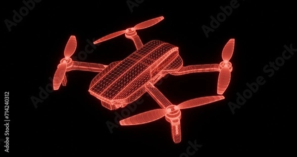 Fototapeta Drone in the form of a drawing from a wireframe, 3D rendering of the device.