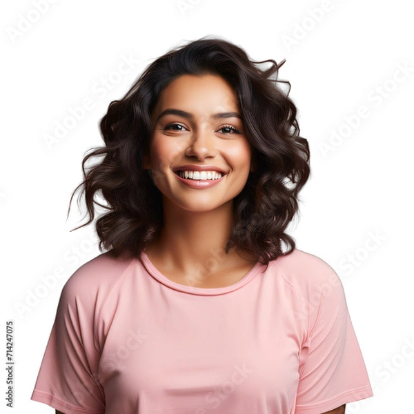 Fototapeta A woman smiling and wearing a pink shirt on a transparent background png isolated