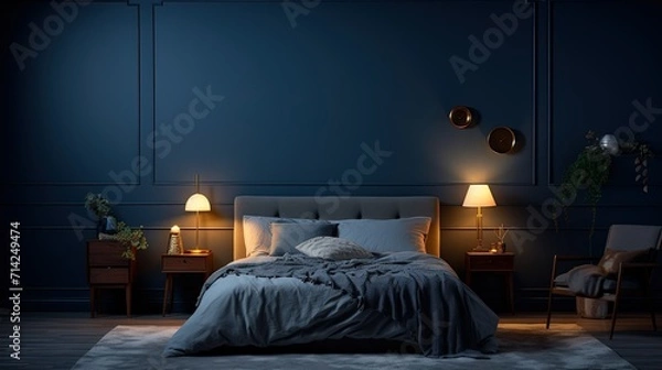 Fototapeta Elegantly designed bedroom in navy blue with soft ambient lighting, plush bedding, and tasteful decor.