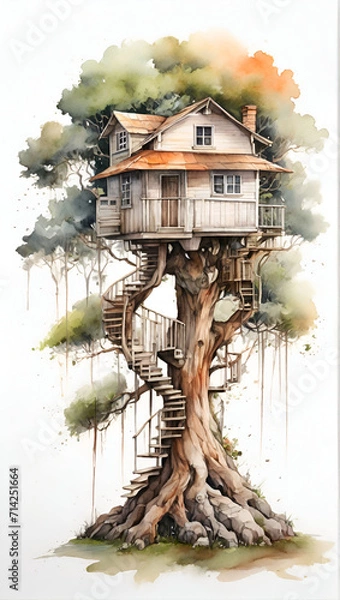 Obraz a old tree and a treehouse watercolor drawing white background. generated by AI