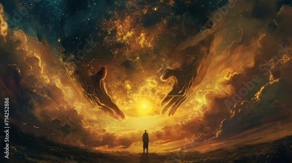 Fototapeta A twilight sky with massive hands attempting to clutch a radiant sun