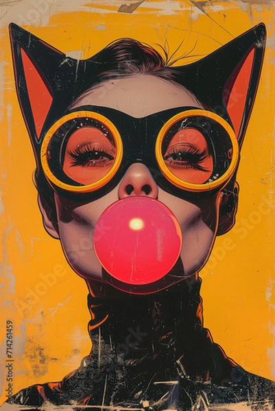 Obraz Grunge graffiti portrait of a mischevious young woman cat burglar blowing a bubble of chewing gum. Vibrant color, distressed pop art style.