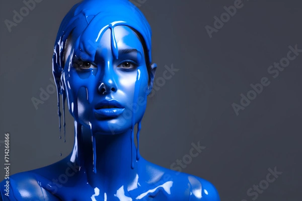 Fototapeta Fashion Concept. Closeup portrait of beautiful woman girl in blue flowing thick fluid gel paint. illuminated with dynamic composition light. sensual, mysterious, advertisement, copy text space	
