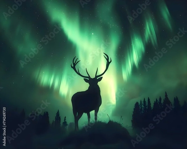 Fototapeta a deer standing in front of an aurora bore