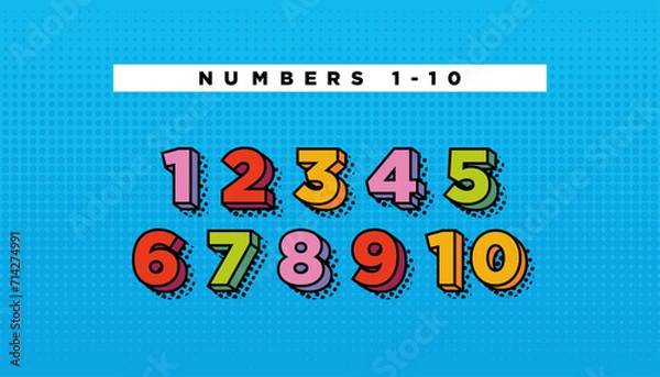 Obraz Natural numbers in pop art, retro style. Colorful poster for kindergarten, classroom, kids room, education. Creative stock vector illustration. Typeface, typography font
