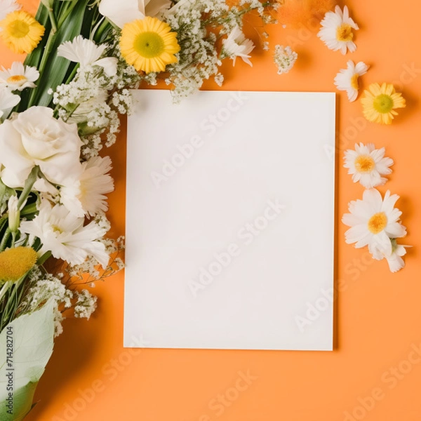 Fototapeta Wedding invitation template. Blank paper sheet card with mockup copy space on orange and white flowers