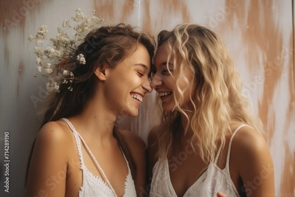 Obraz Anticipation of lovecouple of beautiful women share a heartfelt moment, eagerly awaiting a kiss, their joy contagious. Concept: love for Valentine's Day and LGBT.