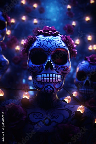 Fototapeta Woman with Day of the Dead make up and clothing on blurred glowing light background