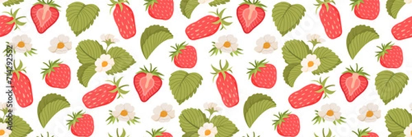Fototapeta Strawberry pattern with berries, flowers and leaves. Garden and agriculture background. Berry slice.