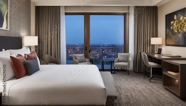 Obraz Luxury hotel suite with modern design, comfortable bedding, and elegant decor 
