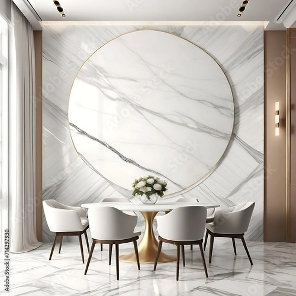 Fototapeta White marble with pattern wall, design wall, dinning room,nobody, 3d rendering illustration background