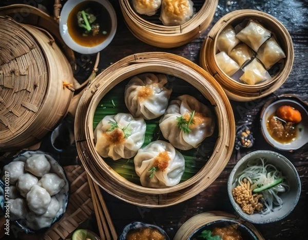 Fototapeta Dim Sum, a Chinese culinary treasure, features small, flavorful, and steamed delights, crafted with authenticity and served in bamboo baskets for a harmonious gastronomic experience. AI generation