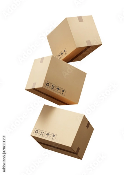 Obraz Set of falling beige cardboard boxes for delivery of goods isolated on a white background. Recyclable packaging. Mockup. 3d render
