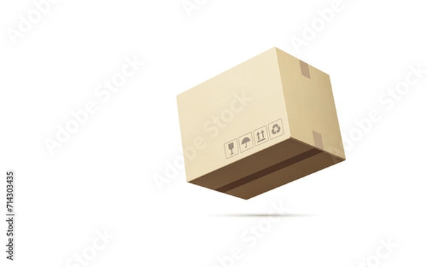 Obraz beige box or parcel made of recyclable cardboard with signs hanging or falling on a white surface. Mockup or template. 3d rendering
