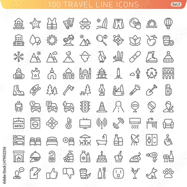 Fototapeta Travel Line Icons for Web and Mobile. Beach, Mountains and Hotel