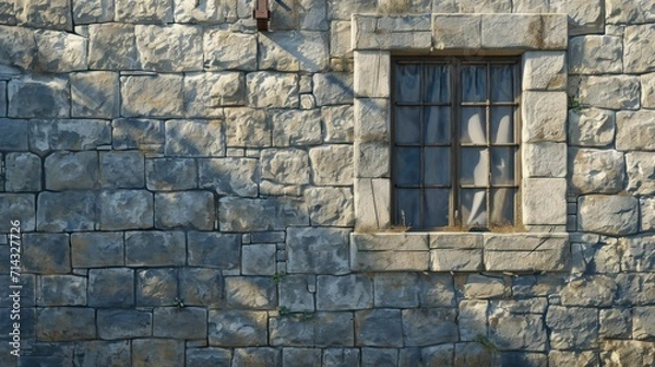 Fototapeta  a stone building with a window and a curtain on the side of the building with a clock on the side of the building and a street sign on the side of the building.